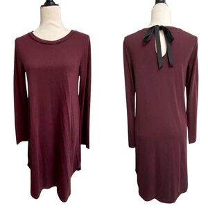 LOFT Burgundy Knit Long Sleeve Dress with Back Bow Tie Sz Small Feminine